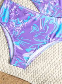 Tween Girls All-Over Print Bikini Swimsuit + Long Sleeve Rash Guard, Split Swimwear 3-Piece Set - Multicolor - View 5