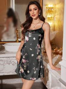 LuxeNights 花卉印花真丝女式睡袍娃娃裙吊带裙奢华家居服 - 黑色 - 查看 6