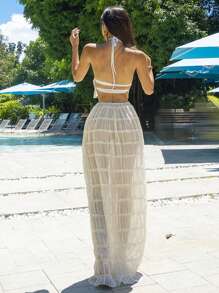 DAZY 2pcs Women Vacation Style Semi-Transparent Halter Top & Skirt Set,Beach Outfits - Apricot - View 9