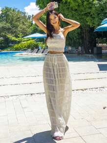 DAZY 2pcs Women Vacation Style Semi-Transparent Halter Top & Skirt Set,Beach Outfits - Apricot - View 13