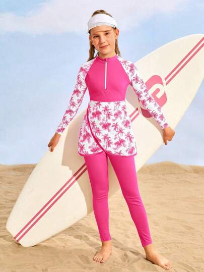 SHEIN 青少年女孩无袖分体泳衣 | 海滩度假长袖分体泳衣套装 | 可爱印花泳衣