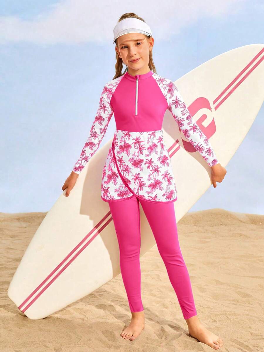 SHEIN 青少年女孩无袖分体泳衣 | 海滩度假长袖分体泳衣套装 | 可爱印花泳衣 - 玫紅色 - 查看 1