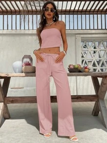 SHEIN VCAY 2 件套纯色吊带背心和高腰阔腿裤套装女士 - 粉色 - 查看 3