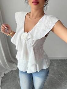 Elenzga Women French Style Floral Embroidery Cut-Out Cap Sleeve Asymmetrical Hem Fitted White Blouse, Summer - White - View 4