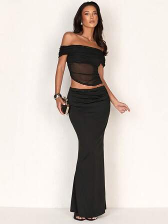 Glamine 2 Stücke Damen Sommer elegant sexy offene Schulter durchsichtiges Mesh Top und Meerjungfrau Strick Rock Set