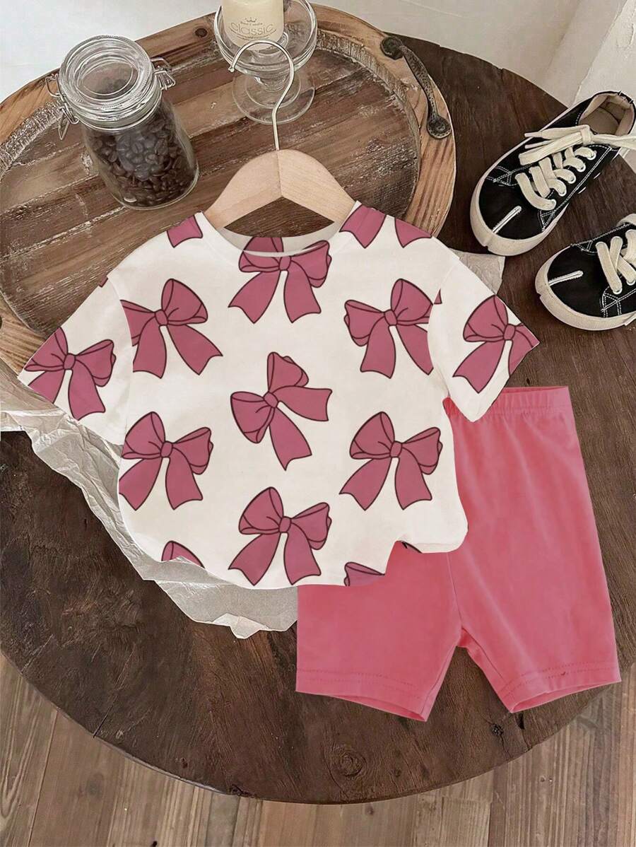 SHEIN Explorewe 2pcs Young Girl Bow Print Short Sleeve T-Shirt And Shorts Set, Casual - Multicolor - View 1