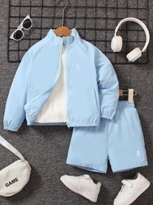 SHEIN 2pcs/Set Young Boy Raglan Long Sleeve Zipper Placket Baseball Jacket & Shorts - Blue - View 3
