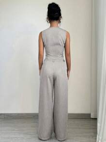 Elenzga Women's Casual Business Striped Waistcoat & Suit Pants - Light Grey - View 2