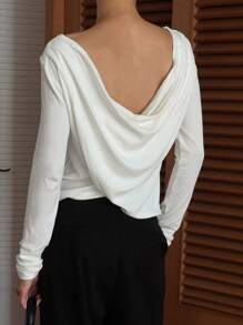 DAZY Áo thun tay dài lưng rộng rãi cho nữ - trắng - Xem 5