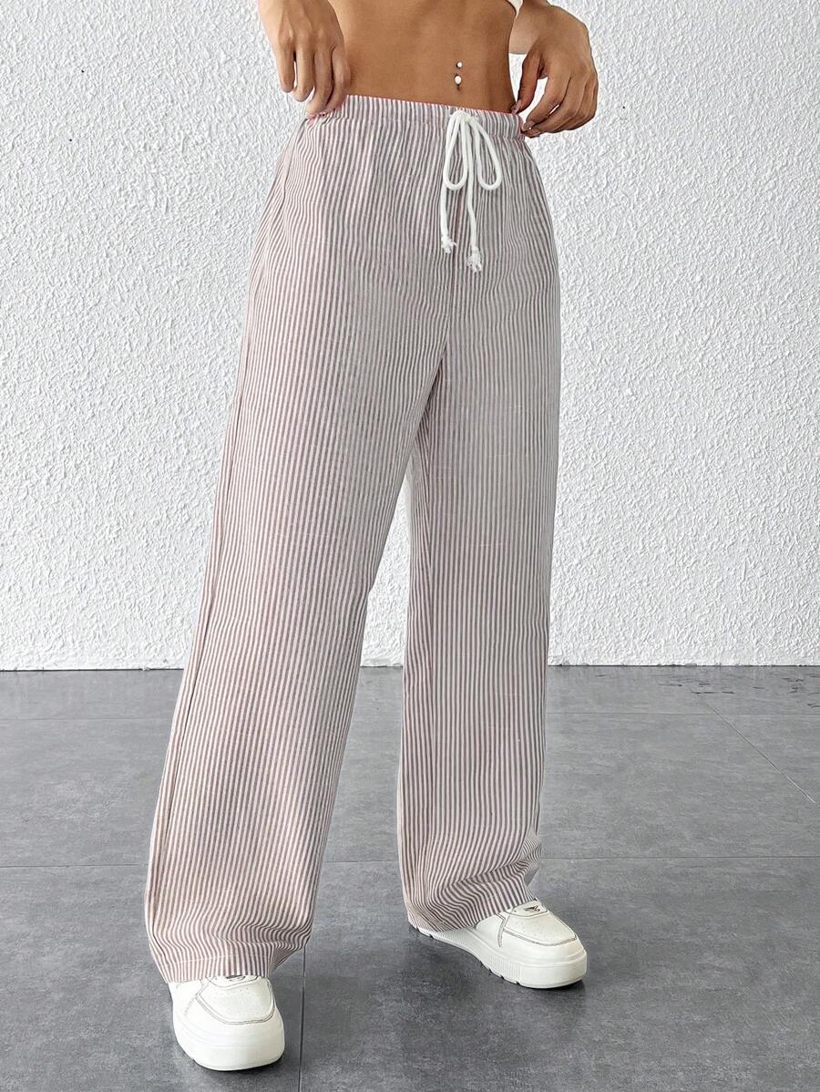 SHEIN PETITE Striped Women's Linen Low Rise Pants, Summer Vacation - Brown - View 1