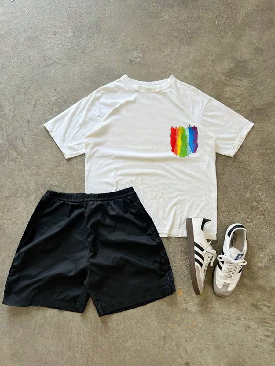 Manfinity VCAY 2 件男女款休闲宽松蝙蝠袖圆领针织 T 恤套装，适合日常穿着 - 黑與白 - 查看 1