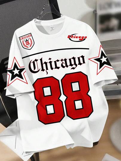 SHEIN EZwear 休闲简约大号印花圆领短袖宽松女式T恤，适合夏季