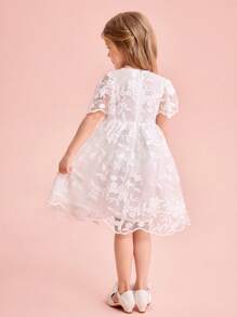 Young Girl Cute & Elegant White Embroidered Mesh Short Sleeve Summer Dress - White - View 2