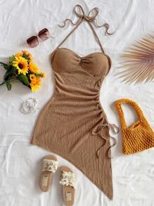 Soleia 度假吊带系带纹理面料不对称下摆连衣裙 - 卡其色 - 查看 5