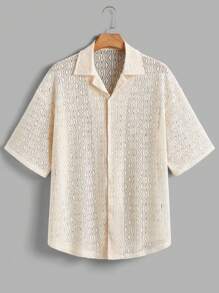 Manfinity VCAY Camisa de playa informal, ligera y básica para hombres, con estampado hawaiano tejido, de manga corta y sobredimensionada, para vacaciones en la playa - Caqui - Ver 5