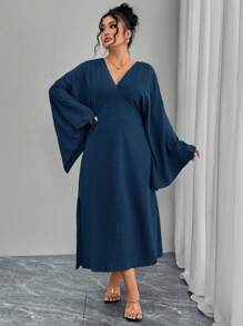 Modelyn Plus Size Elegant Solid Color Bell Sleeve Side Slit Dress - Navy Blue - View 7