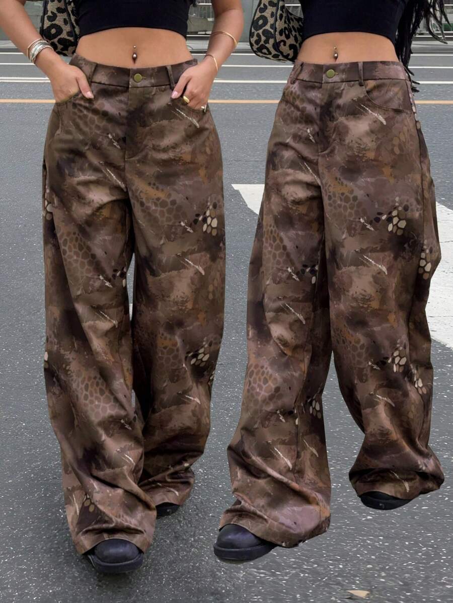 SHEIN EZwear Summer Concert Women Western Music Festival Graphic Loose Wide Leg Pants