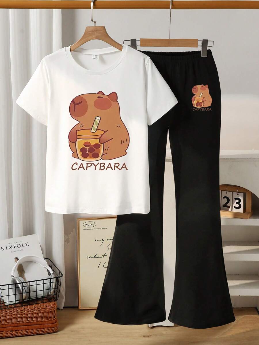 2pcs/Set Tween Girls Casual Cartoon Print Short Sleeve T-Shirt And Flare Pants Summer Outfit - Multicolor - View 1