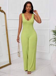 Slaydiva Women's 2025 Summer New Fashionable Jumpsuit, Suitable For Music Festivals, Easter, St. Patrick's Day, Boho, Birthdays, Graduations, Students, Casual Outings, Basics, Leisure, Vacations, Cruises, Beaches, Sunbathing, Fashion, Street Style, Minimalist Design, Textured Ribbed, Green
