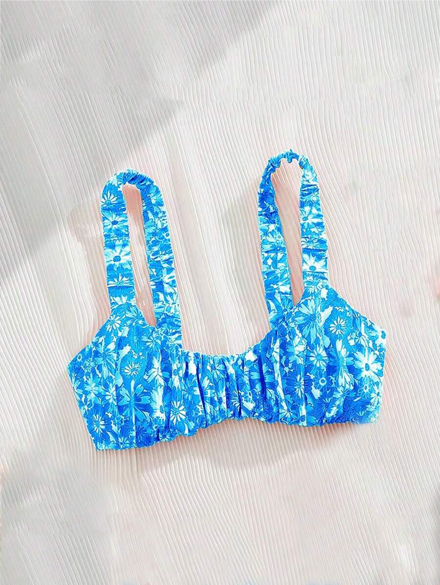 Swim Mod Spring Break Tropical Floral Ruched Wide Strap Bandeau Fashionable Sexy Women Beach Holiday Bikini Top For Summer Beach Vacation - Blue - View 1
