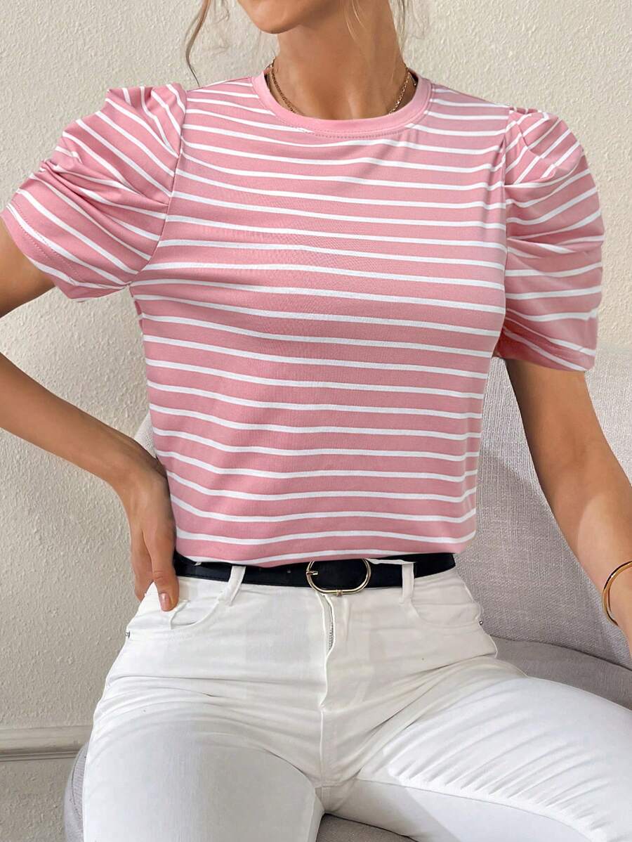 SHEIN Essnce Áo thun tay bồng sọc thường ngày cho nữ, mùa hè - Hồng - Xem 1
