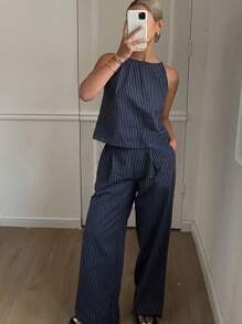 Livesso Conjunto de 2 piezas casual de mujer con top de tirantes finos a rayas y pantalones para verano