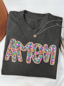 INAWLY Maglietta estiva ampia da donna casual con stampa floreale a piccoli motivi e stampa di lettere, scollo tondo, taglie forti