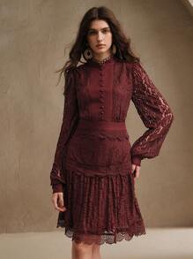 Anewsta Long Sleeve Lace White Flared Dress, Elegant For Spring, Festival, Valentine, Easter, Vacation