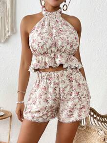 Breezaya 2pcs Women's Elegant French Style V-Neck Spaghetti Strap Regular Floral Print Summer Set - Multicolor - View 6