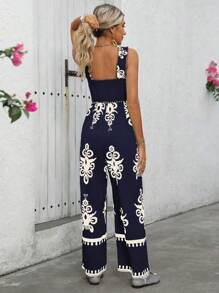 SHEIN PETITE 女式春夏休闲度假杏色底黑色花卉印花细肩带阔腿连体裤，带荷叶边下摆 - 藏蓝色 - 查看 2