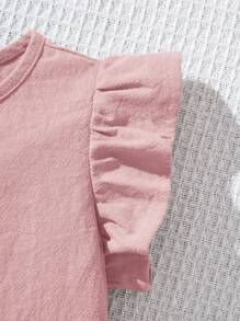 Baby Girls Summer Cute Ruffle Trim Solid Color Elastic Waist Top And Pants Set - Pink - View 4