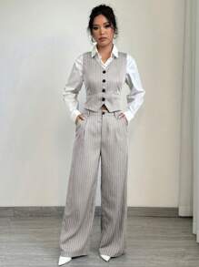 Elenzga Women's Casual Business Striped Waistcoat & Suit Pants - Light Grey - View 4