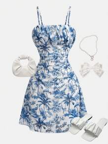 SHEIN Vintage Stijl Blauw & Wit Bloemenprint Gerimpelde Buste A-lijn Mini Jurk Voor Tienermeisjes, Geschikt Voor Zomer, Afstuderen, Terug Naar School, Vakantie, Festivals, Lunches, Uitjes