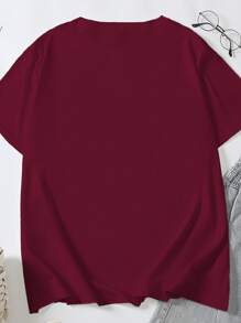 Maweii 大码人物印花圆领 T 恤图案 T 恤女式上衣 - 酒紅色 - 查看 2
