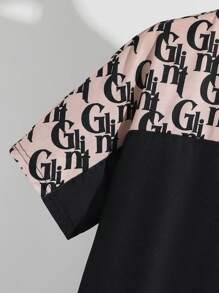 2pcs/Set Tween Boy Casual College Style All Over Letter Print Colorblock Round Neck Short Sleeve Shorts Outfit, Suitable For Commuting, School, Everyday Casual, Sports, Spring/Summer - Khaki - View 4