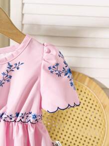 SHEIN 女婴幼儿 0-3 岁优雅度假泡泡袖蓝白连衣裙，春夏