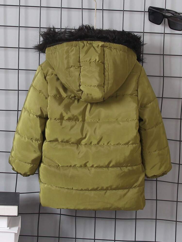 Young Boy 1pc Letter & Mountain Embroidery Flap Pocket Fuzzy Trim Hooded Thermal Lined Padded Coat