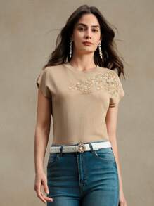 Anewsta Elegant Round Neck Embroidered Short Sleeve T-Shirt, Spring/Summer Knit Top, Valentine's Day, Summer Vacation, New Year's - Khaki - View 6