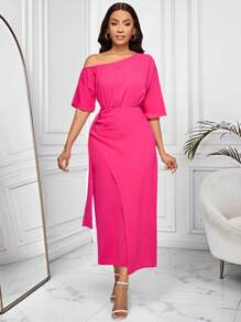 SHEIN Clasi Women's Solid Color Patchwork Ribbon Elegant Asymmetric Shoulder Long Dress - Hot Pink - View 4