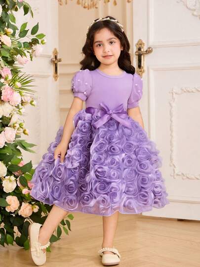 Glamorique Kids Young Girls Solid Color Round Neck Pearl Puff Sleeve 3D Flower Elegant Summer Dress With Belt, Filipiniana Terno Summer Holiday