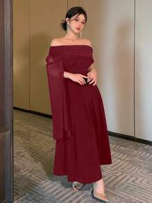 女士优雅纯色喇叭袖不对称领长连衣裙，优雅吊带裙，正式女士连衣裙，红色女士连衣裙，新年 - 酒紅色 - 查看 5