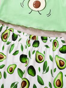 少女极简主义牛油果印花吊带背心和短裤两件套家居服套装夏季青少年服装套装女童夏装夏装套装女童夏装少女套装青少年可爱套装 - 彩色 - 查看 4