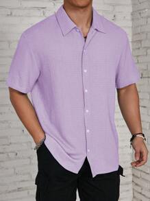 Manfinity Homme Camisa casual de manga corta de unicolor y textura para hombre en verano - Púrpura malva - Ver 3
