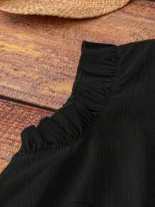 Linhara Plus Size Women Casual Comfortable Sleeveless V-Neck Dress With Ruffle Trim At Cuffs And Neckline, Suitable For Daily Commute - Black - View 3