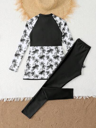 SHEIN Ensemble maillot de bain tankini à bretelles pour jeunes filles, maillot de bain tankini à manches longues imprimé pour plage et resort