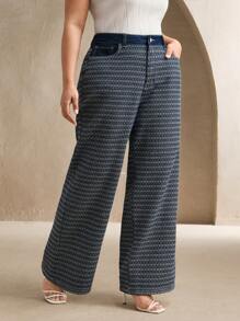 Anewsta 女款休闲牛仔提花宽松阔腿裤 - 藍色 - 查看 7