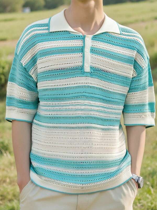 Manfinity CasualKnits Men's Front Button Short Sleeve Striped Casual Knit Sweater