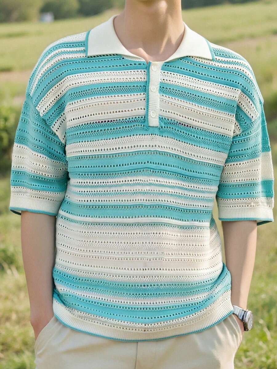 Manfinity CasualKnits Men's Front Button Short Sleeve Striped Casual Knit Sweater - Multicolor - View 1