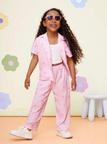 SHEIN Conjunto de 3 piezas para niña joven: Camisa de rayas trenzada, chaleco de punto y pantalones holgados - Multicolor - Ver 6