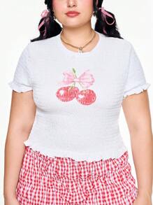 ROMWE Kawaii 大码夏季休闲樱桃印花短袖 T 恤 - 米色 - 查看 4